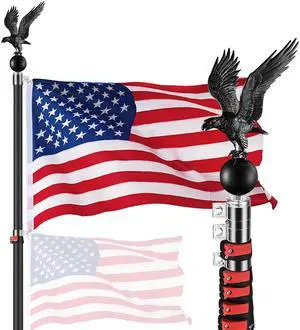 Yescom EZ GO 20ft Eagle Topper Telescopic Flag Pole Kit Upgraded Rotating Lock Outside 3x5' US Flag Ball Final Black
