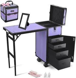 Byootique Portable Rolling Nail Table Kit with Makeup Train Case Aluminum Purple