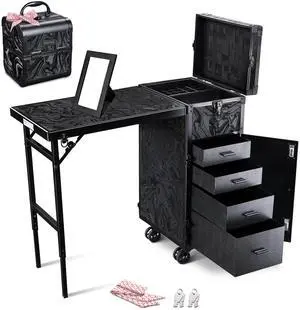 Byootique Rolling Nail Table & Makeup Case Kit Cosmetic Organizer Aluminum Black