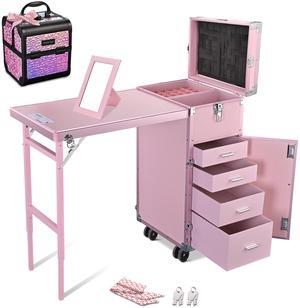 Byootique Rolling Nail Table Kit w/ Makeup Case Cosmetic Organizer Aluminum Pink Byootique Rolling Nail Table Kit w/ Makeup Case Cosmetic Organizer Aluminum Pink