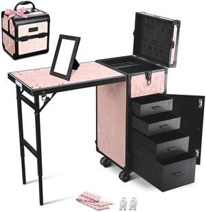 Byootique Rolling Nail Table w/ Makeup Case Cosmetic Organizer Aluminum Pink Byootique Rolling Nail Table w/ Makeup Case Cosmetic Organizer Aluminum Pink