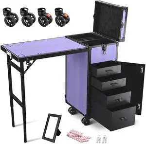 Byootique Rolling Makeup Train Case Nail Table w/ 4pcs Replacement Wheels Purple