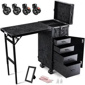 Byootique Rolling Makeup Case Nail Table with 4 pcs Replacement Wheels Black