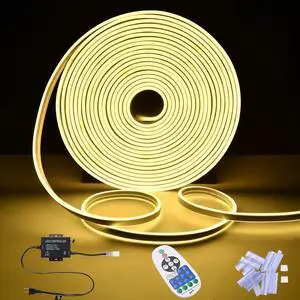 DELight 50FT Warm White LED Strip Neon Rope Lights with Remote Control, 2-Sided Waterproof Cuttable AC 110V Dimmable Flexible LED Lights DIY for Bedroom Outdoor Bar Commercial Lighting DEL-D50W