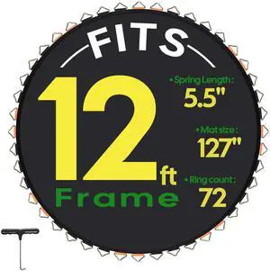 Yescom Trampoline Replacement Mat W/72V-Ring For 12ft Trampoline Frame 5" Spring, UV Resistant 8 Row Stitch Jumping Mat