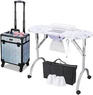 Byootique Folding Manicure Nail Table & Rolling Makeup Train Case Mermaid Silver