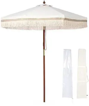 LAGarden 7' Patio Beige Umbrella with Tassels UPF50+ Boho Style 5-Year-Non-Fading for Outdoor,Model:BH7W-01P