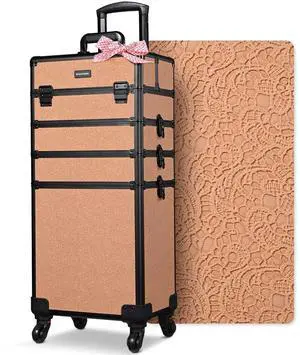 Byootique 4in1 Rolling Makeup Train Case Cosmetic Organizer Wheel Rococo Coral