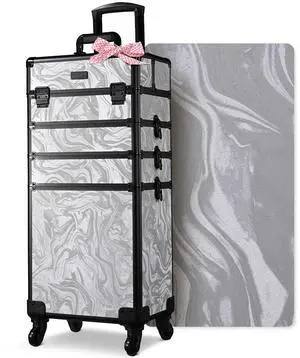 Byootique Rolling Makeup Train Case 4in1 Cosmetic Trolley Organizer Case Lockable Salon Barber Case Traveling Cart Trunk with Wheels for Makeup Artist Trave Nail,CoyoteButtes Graystone