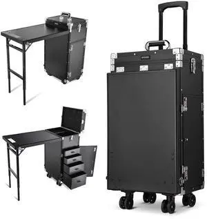 Byootique Portable Manicure Table Desk for Nail Tech Organizer Rolling Makeup Case with Wheels and Telescopic Handle for Manicurist Technician, Black