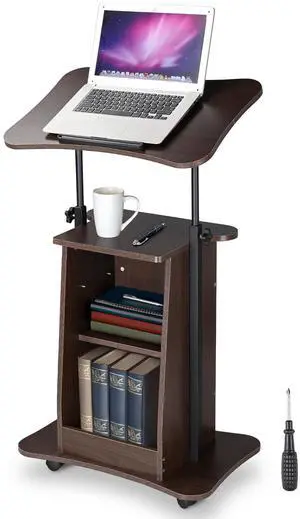 Yescom Wood Podium Stand Pulpits for Churches Wedding Speech Event Lectern with Storage Shelf Height Adjustable Tilting Desktop Rolling Lockable Wheels Brown