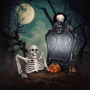 Yescom Animated Halloween Tombstone Lighted Decor Creepy Voice Pop Up Skull Light Up Eyes with Half Skeleton Outdoor 2025