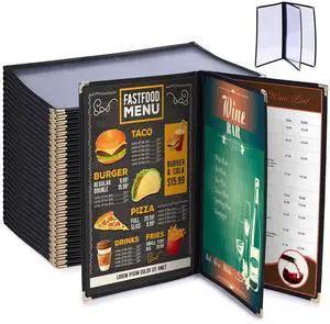 30pc 8.5x14 Menu Cover Trifold 6 View 3 Page Restaurant Cafe Book Clear Black