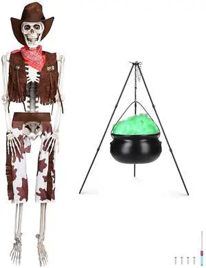 Yescom 5.4 Ft Life Size Cowboy Skeleton with Witches Cauldron Pot on 31" Tripod Halloween Decoration Party 2025