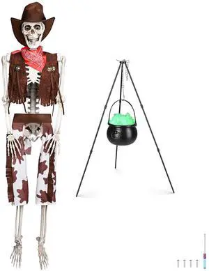 Yescom 5.4 Ft Life Size Cowboy Skeleton & Witches Cauldron on 31" Tripod with LED Light Party Decoration 2025