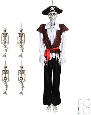 Yescom 5.4 Ft Pirate Captain Skeleton w/ 4 Pcs Mermaid Skeleton Halloween Decorations Party 2025