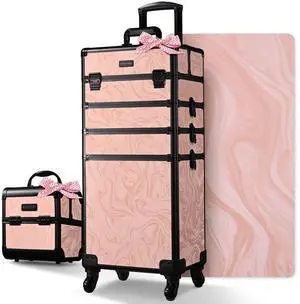 Byootique Rolling Makeup Train Case Trolley w/ Cube Case Cosmetic Organizer Pink