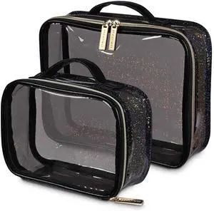 Byootique Set of 2 Clear Makeup Bag Cosmetic Organizer Travel Toiletry Pouch Handle Zipper for Makeup Artist Black