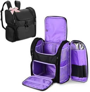 Byootique Portable Soft Sided Makeup Backpack Travel Barber Cosmetic Storage Organizer Travel with Removable Pouch for Makeup Artist Hairstylist, Purple
