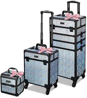 Byootique Rolling Makeup Train Case 3-Piece Cosmetic Organizer Kit Trolley Organizer Travel Case Lockable Salon Barber Case Traveling Cart Trunk with Wheels for Makeup Artist Trave Nail,Mermaid Silver