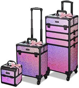 Byootique Rolling Makeup Train Case 3-Piece Cosmetic Organizer Kit Trolley Organizer Travel Case Lockable Salon Barber Case Traveling Cart Trunk with Wheels for Makeup Artist Trave Nail,Mermaid Pink