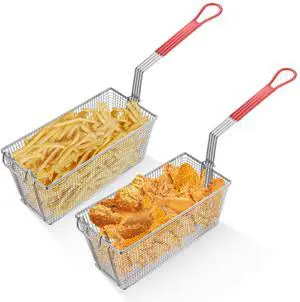 WeChef 2Pcs Deep Fryer Baskets with non-slip Handle 13" x 6 5/16" x 5 7/8" Nickel Plating Heavy Duty Construction Fryer Basket for Commercial Restaurant Roadside Stall Red