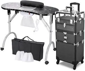 Byootique Folding Manicure Nail Table 2in1 Rolling Makeup Train Case Kit Manicure Cosmetic Trolley Travel Organizer Nail Case, Black