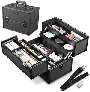 AW Pro Lockable Aluminum Makeup Case Cosmetic Storage Box w/ Tiers Jewelry Bag Black