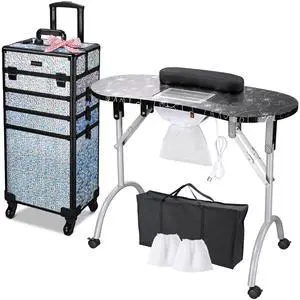 Byootique Folding Manicure Nail Table 4in1 Rolling Makeup Case Mermaid Silver
