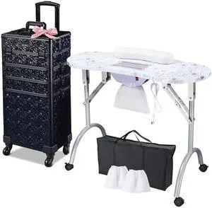 Byootique Folding Manicure Nail Table 4in1 Rolling Makeup Case Mermaid Black