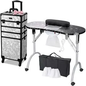 Byootique Folding Manicure Nail Table w/ 4in1 Rolling Makeup Case CB Graystone