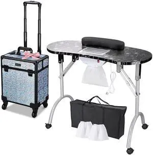 Byootique Manicure Table Nail Desk & Rolling Makeup Train Case Mermaid Silver