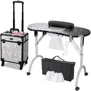Byootique Manicure Table Nail Desk & Rolling Makeup Train Case Kit CB Graystone
