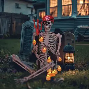Yescom Pirate Life Size Skeleton Poseable with Halloween Lights, Full Size Skeleton Human 5.4 Ft for Party Decorations Patio Garden Haunted House Props 2025
