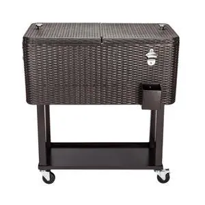 80QT Rattan Square Legs Cooler with Shelf Portable Patio Party Cooler Cart