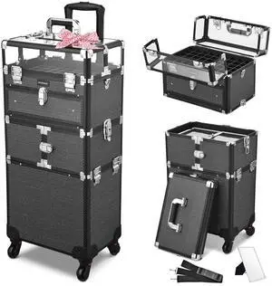 Byootique 2in1 Nail Polish Organizer Rolling Makeup Train Case Manicure Black