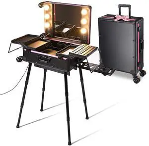 Byootique Rolling Makeup Case with Bulb Mirror Adjustable Leg Detachable Wheel