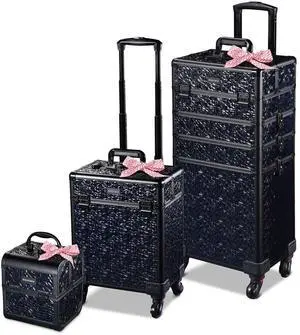 Byootique Rolling Makeup Train Case 3-Piece Cosmetic Organizer Kit Trolley Organizer Travel Case Lockable Salon Barber Case Traveling Cart Trunk with Wheels for Makeup Artist Trave Nail,Mermaid Black