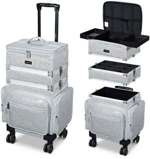 Byootique 3in1 Soft Sided Rolling Makeup Case Cosmetic With Removable Divider For Makeup Artist Nail Artist Glitter Silver