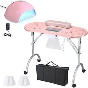 Byootique Manicure Nail Table w/ UV LED Nail Lamp 135W Portable Folding Nail Technician Desk with Built-in Dust Collector & Carry Bag for Nail Tech Beauty Spa Salon Home
