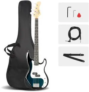 Electric Bass Guitar Full Size Standard Beginner Kit 4 String Cable Strap Carry Bag Blue