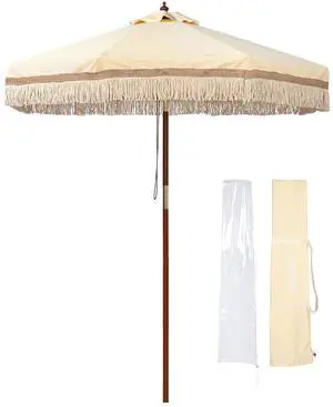 LAGarden BOHO 7' Fringe Patio Umbrella with Tassels UPF50+ Boho Style 5-Year-Non-Fading for Outdoor Yard Butter Twisted Root