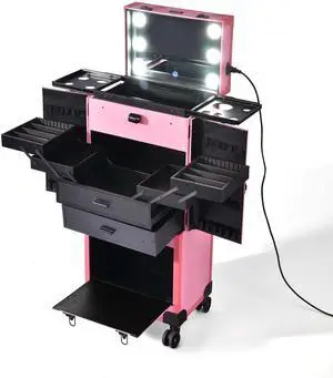 AW® Rolling Makeup Case Pro Hair Stylist Barber Artists Case Multifunction Lighted Lockable