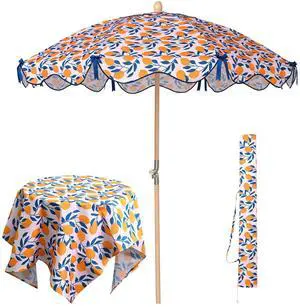LAGarden Our Beach Umbrella for 6ft Beech Wood Pole w/ Tablecloth Printed Lemon Tree for Outdoor Garden Summer Event Planning Small Patio Balcony