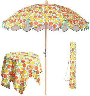 LAGarden Our Beach Umbrella for 6ft Beech Wood Pole w/ Tablecloth Printed Orange Grapefruit for Outdoor Garden Summer Event Planning Small Patio Balcony