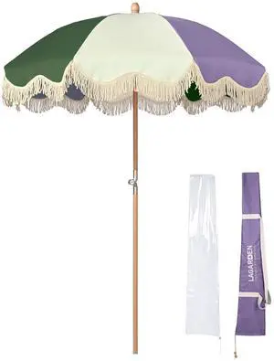 LAGarden Palm Springs 6Ft Patio Fringe Umbrella with Tassel Carry Bag Outdoor Vintage Wood Garden Parasol Purple Green