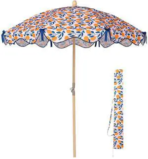 LAGarden Our Beach Portable Umbrella for Sand Beech Wood Pole Carry Bag with Printed Lemon Tree Cute Garden Parasol
