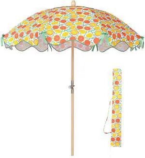 LAGarden Our Beach Portable Umbrella for Sand Beech Wood Pole Carry Bag with Printed Orange Grapefruit Cute Garden Parasol