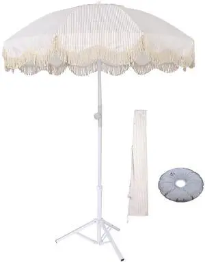 LAGarden Fringe Patio Umbrella with Base Included Tripod Stand Tilt Outdoor Beach for Sand Shadewith Bag, Purple Stripe
