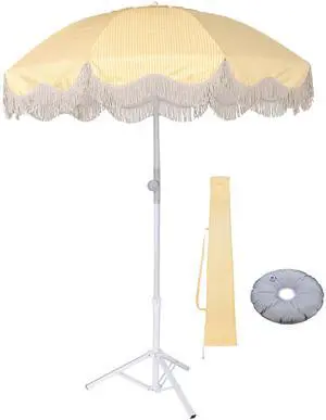 LAGarden Fringe Patio Umbrella with Base Included Tripod Stand Tilt Outdoor Beach for Sand Shadewith Bag, Purple Stripe